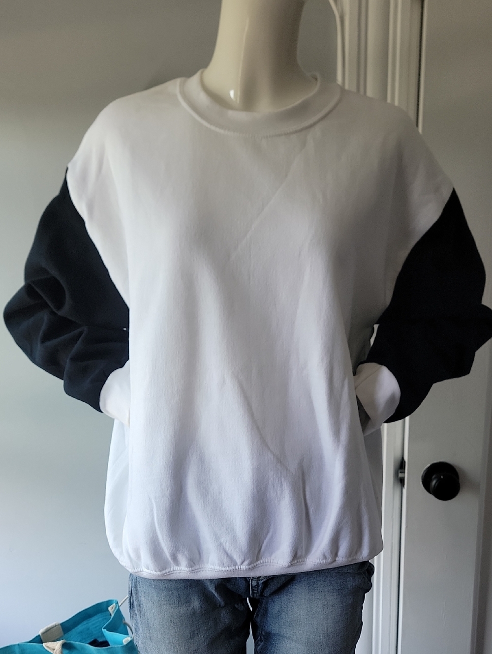 Gildan White Crewneck Sweater with Black Sleeves